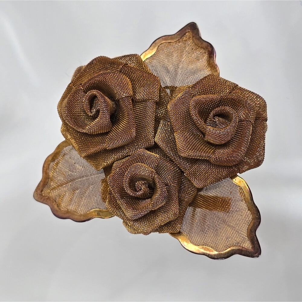 Vintage Triple Rose Mesh Brooch Gold Tone - Picture 3 of 6